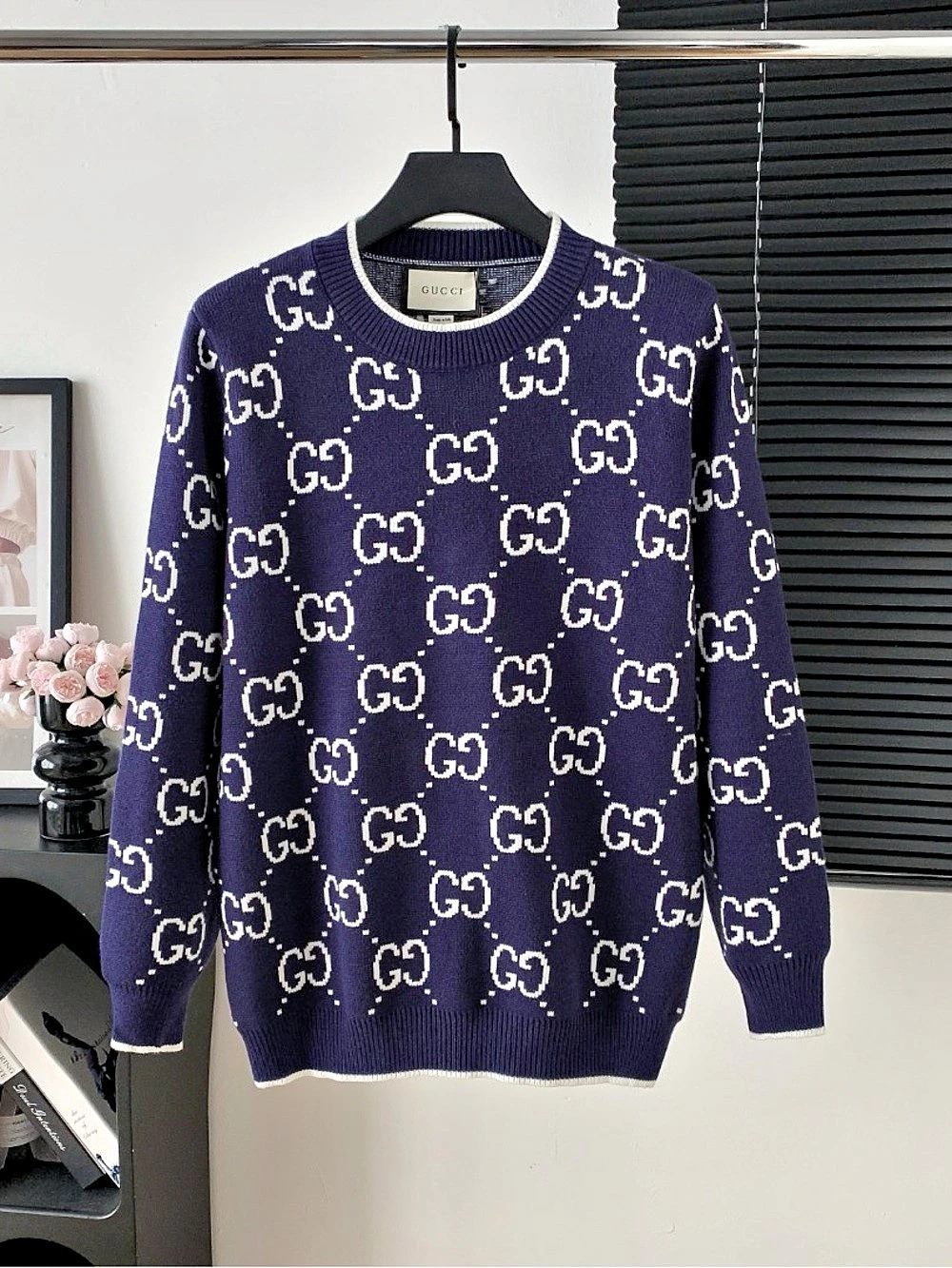 Gucci GG Wool Jacquard Sweater Crewneck Blue & White